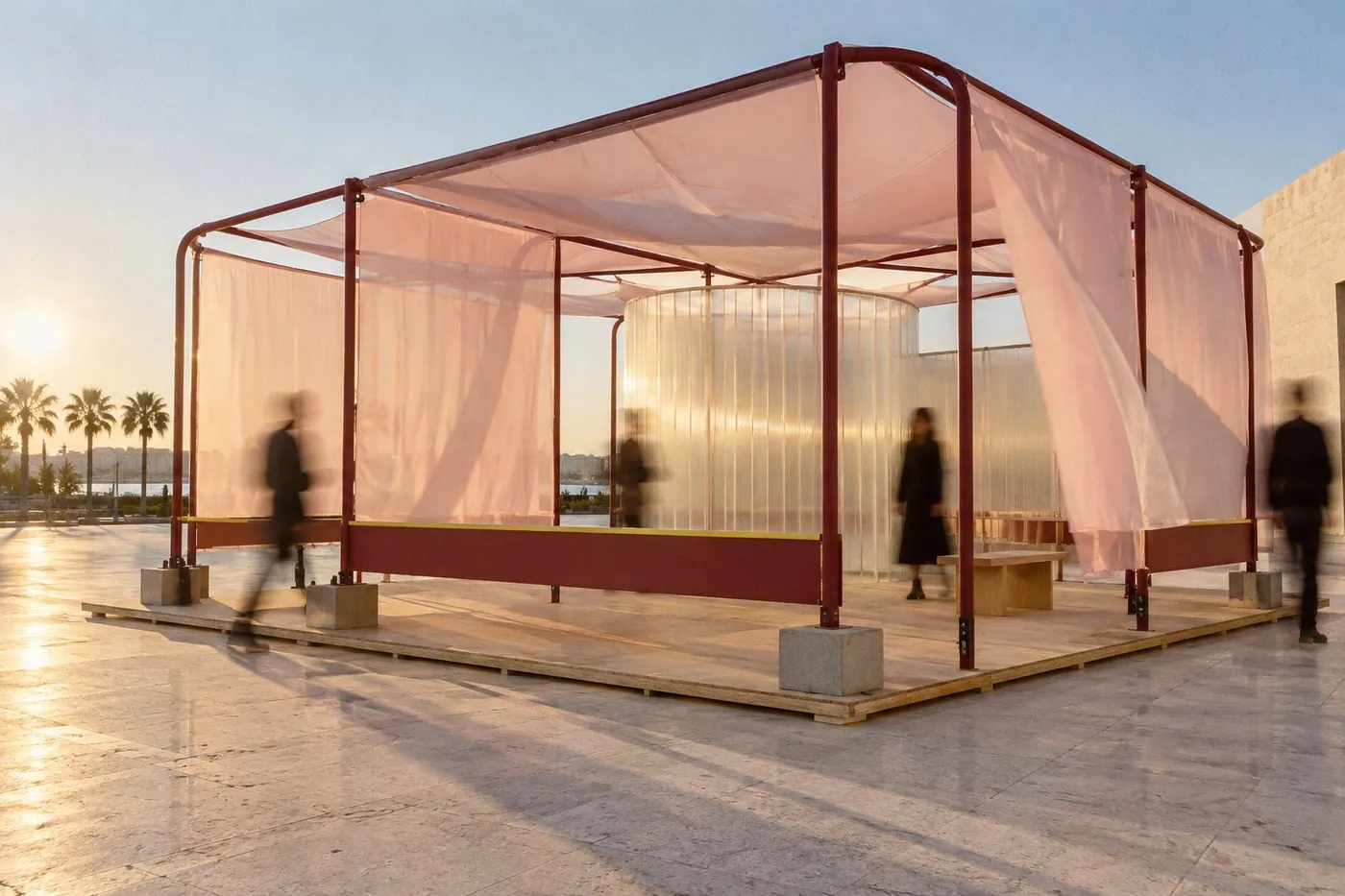 Concept render: a temporary oxblood steel pavilion with sheer blush fabric panels on a stone plaza at golden hour